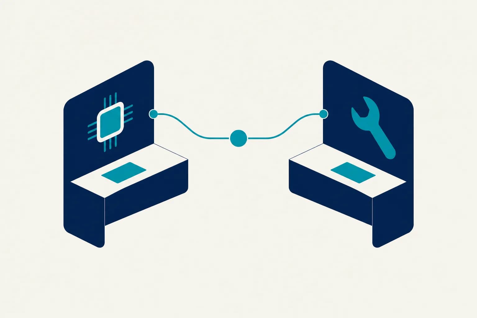 Two connected workstations — one focused on software and AI, the other on hardware and industrial tools