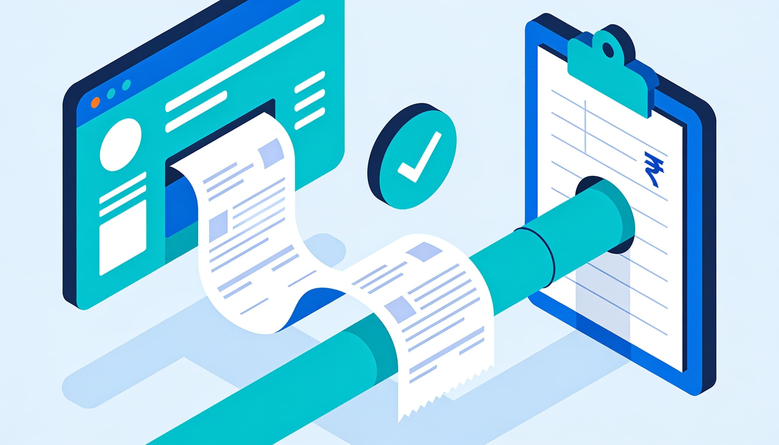 Abstract illustration of invoices flowing through a digital validation pipeline into a ledger, representing automated GST invoice processing