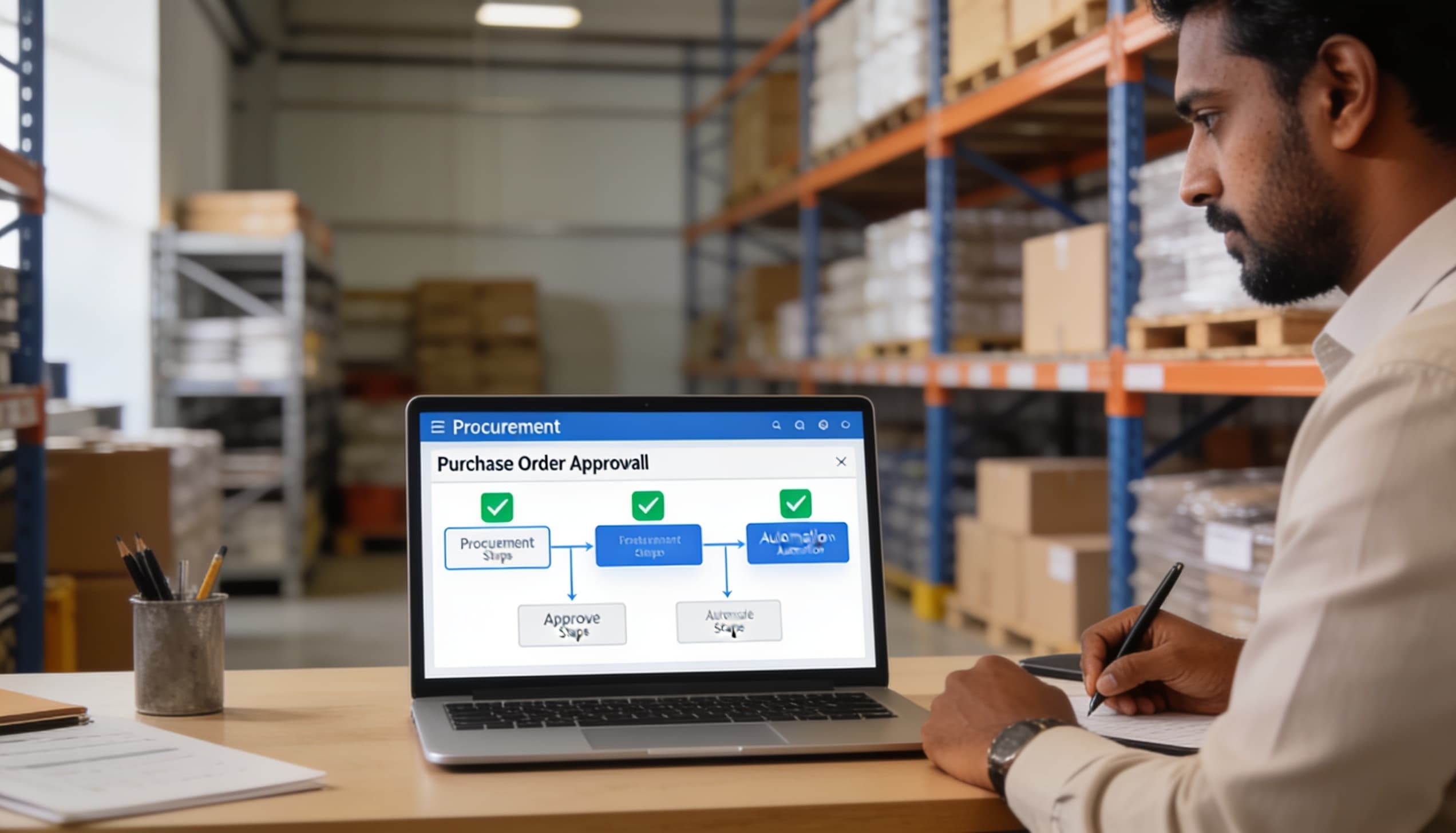 Digital dashboard showing purchase order approval workflow stages on a laptop in a modern office